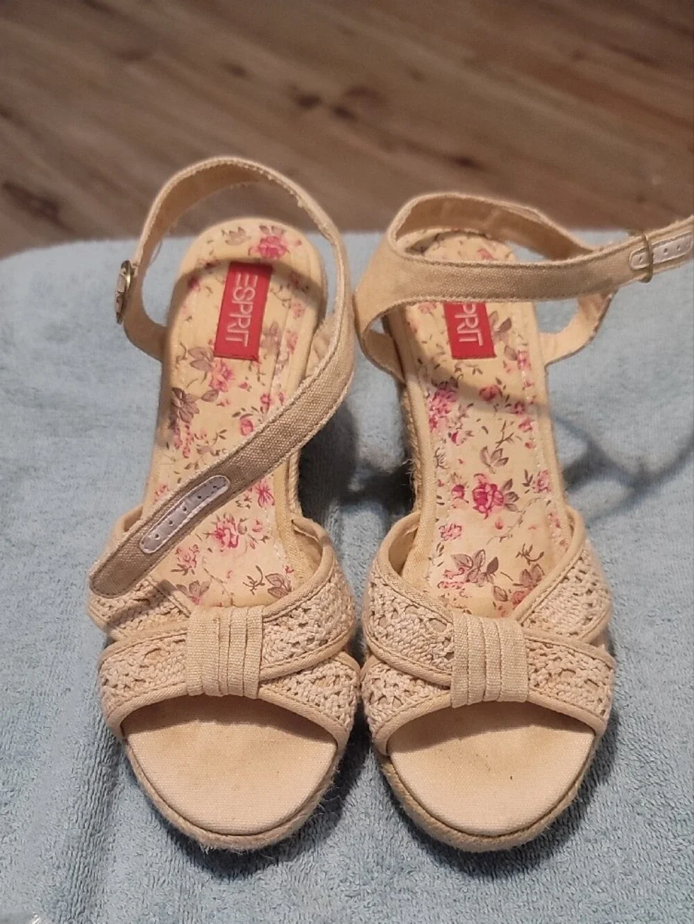 Esprit Cream Woven Bow Wedge Sandals